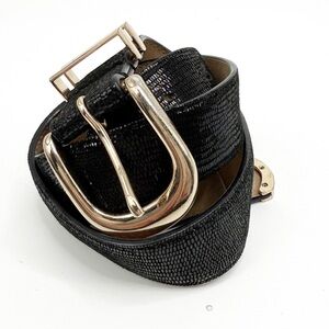 Ann Taylor Snakeskin Embossed Black Leather Belt with Oversized Gold Buckle, S